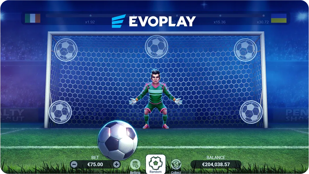 Captura oficial de Penalty Shoot Out de Evoplay con portería, arquero y zonas de disparo